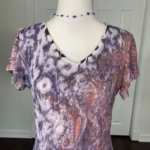 VTG Fairy Grunge Light Pink Purple Micro Mesh Flowy Asymmetric Top Blouse S - Picture 4 of 7
